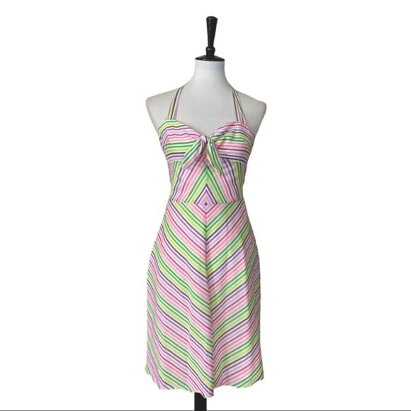 Trina Turk Women's Sundress Halter Tie Neck A-line White Pastel Stripe Size 2 - Picture 1 of 12